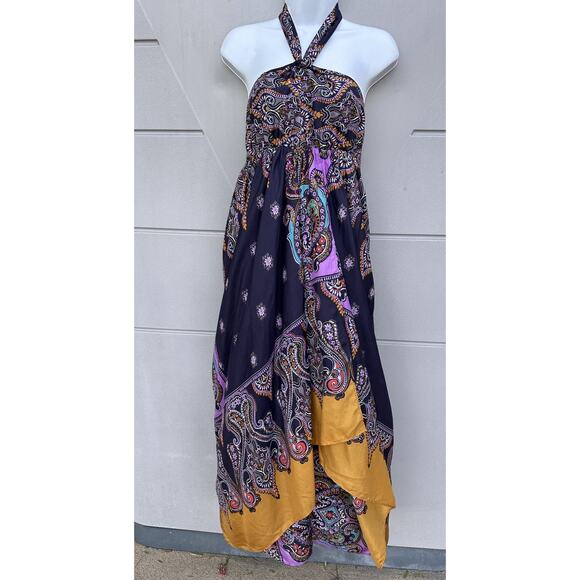 Express Y2K Silk Paisley Halter Neck Handkerchief Maxi Dress Sz 2 Boho Resort - Picture 4 of 16
